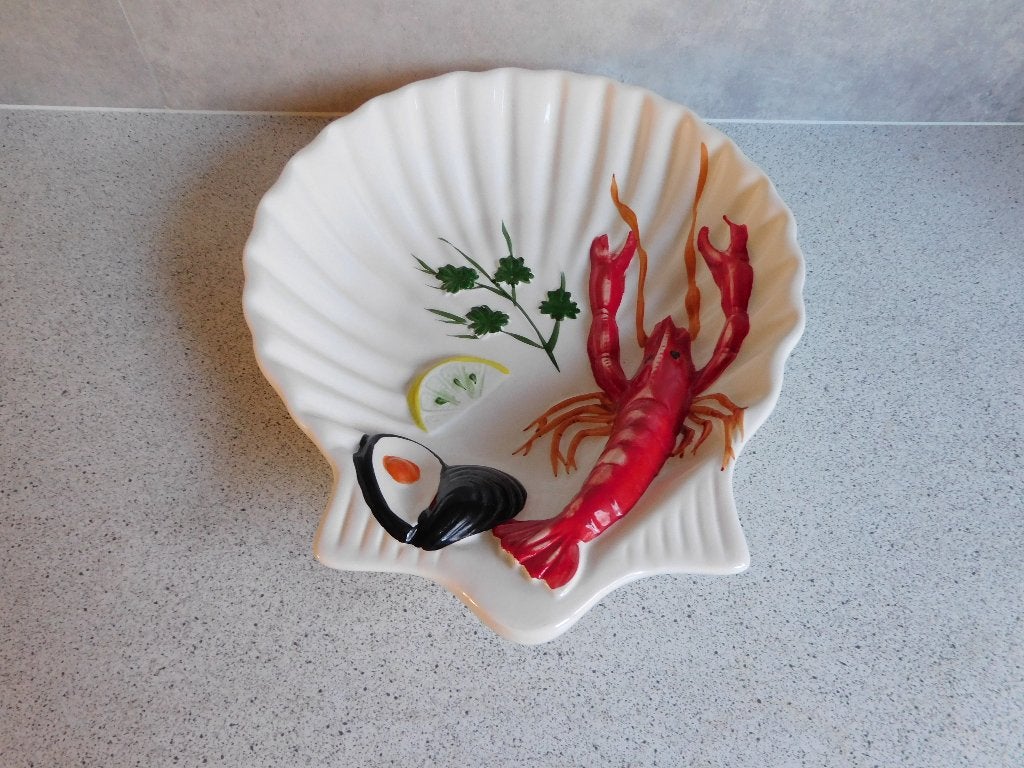 Schaal 35x28x5 cm. Schelp Kreeft Delrio Salado Handpainted, Overige merken, Keramiek, Ophalen of Verzenden, Overige stijlen