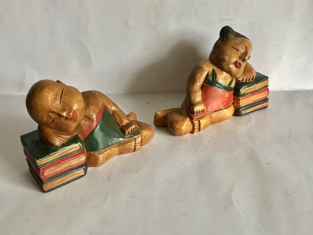 vintage houten boekensteunen Japanse slapende kinderen, Ophalen of Verzenden