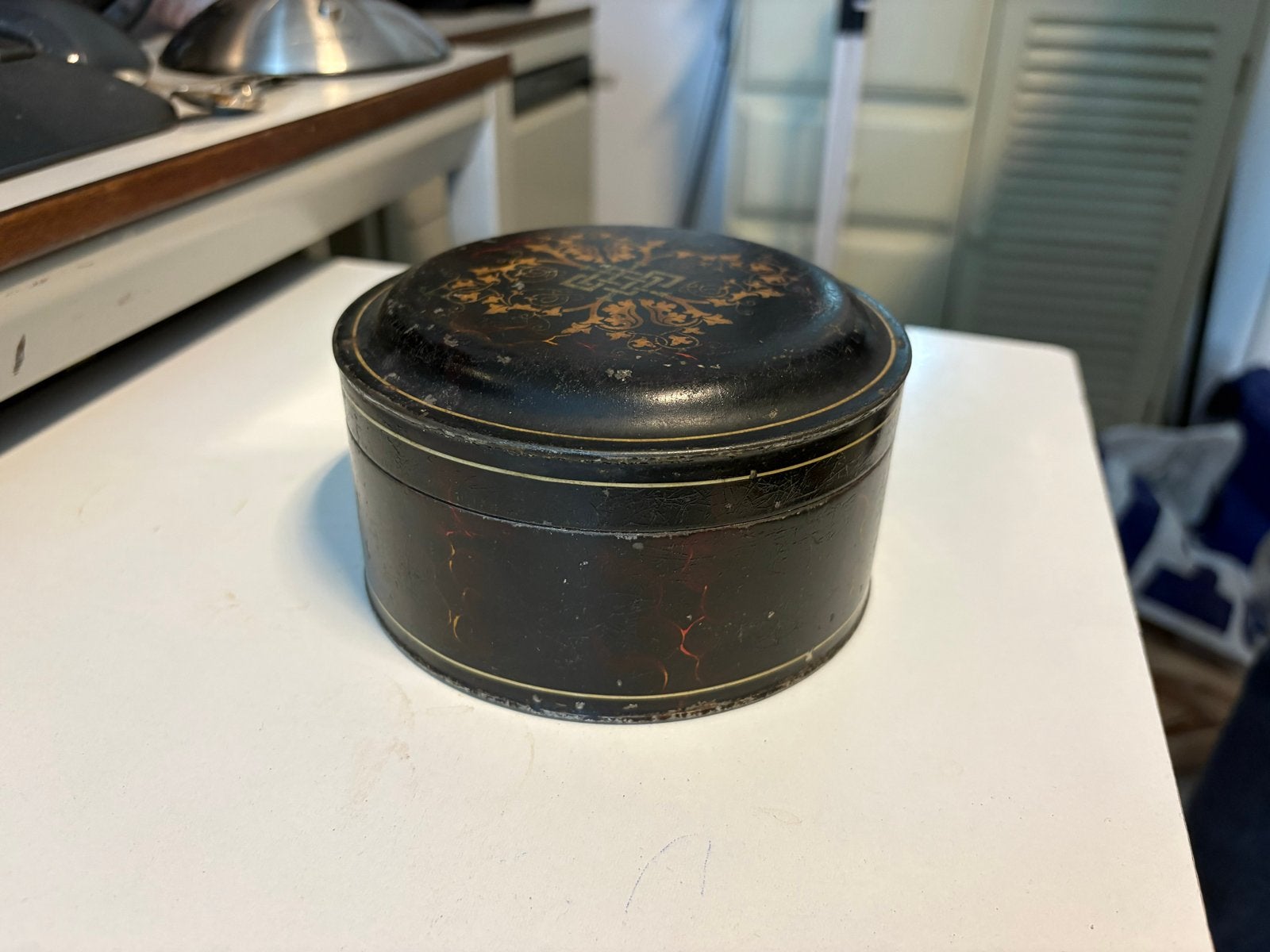 Antieke Blikken Trommel - Blik met Oosterse Decoratie, Verzamelen, Blikken, Gebruikt, Koek(jes), Overige merken, Ophalen of Verzenden