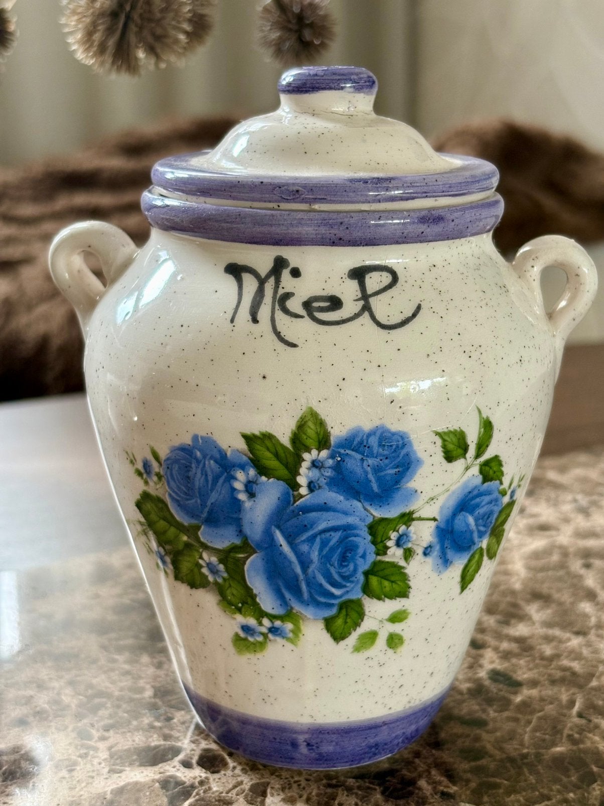 Oude vintage honingpot Miel | aardewerk | blauwe bloemen |, Ophalen of Verzenden