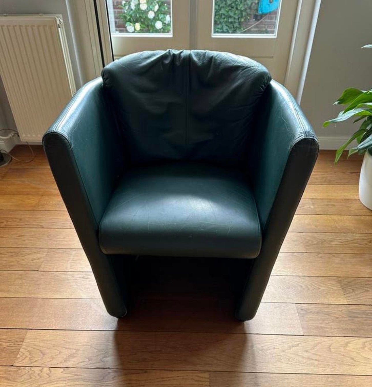 Leolux design fauteuil-groen leer-origineel, Huis en Inrichting, Gebruikt, Ophalen of Verzenden, 50 tot 75 cm, Leer