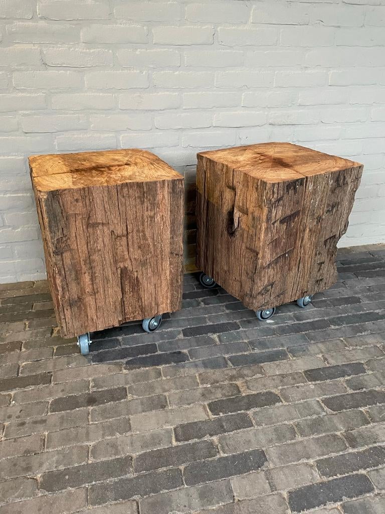 Bijzettafels / nachtkastjes / robuust hout / meerpalen, Huis en Inrichting, Ophalen, Vierkant, Minder dan 55 cm, 45 tot 60 cm