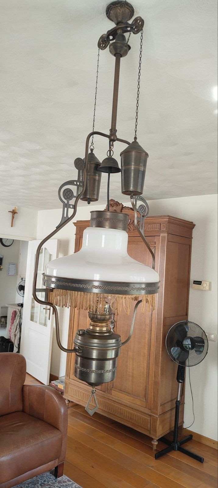 Antieke olielamp / hanglamp met contragewicht, Antiek en Kunst, Ophalen