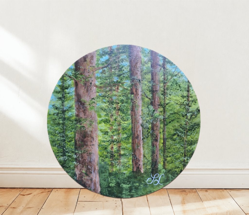Hand-Painted Redwood Forest Canvas Art. (40x40 cm), Surrealisme, Landschap, Aquarel, Gesigneerd