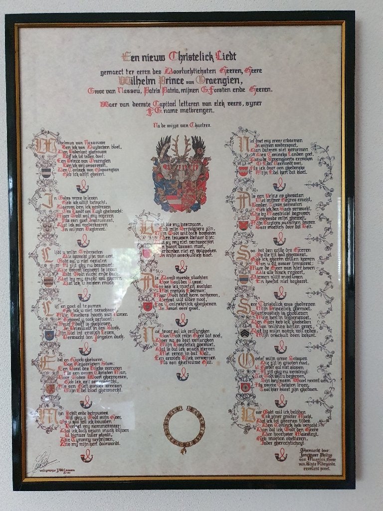Mooi ingelijst kalligrafische reproductie van het Wilhelmus., Ophalen of Verzenden