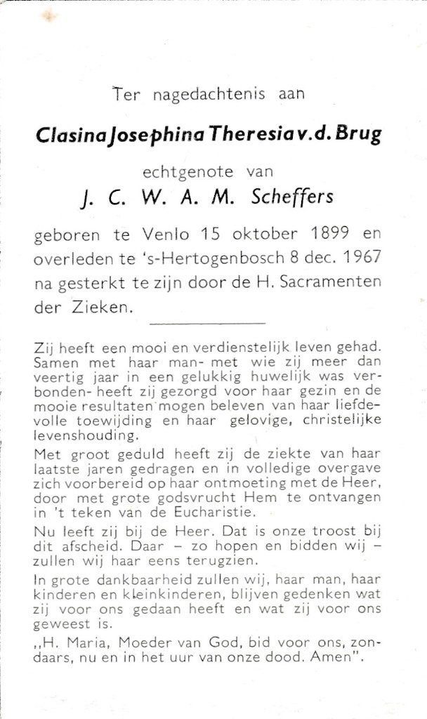 Brug Clasina 1899 Venlo 1967 Den Bosch, Verzamelen, Bidprentjes en Rouwkaarten, Ophalen, Bidprentje