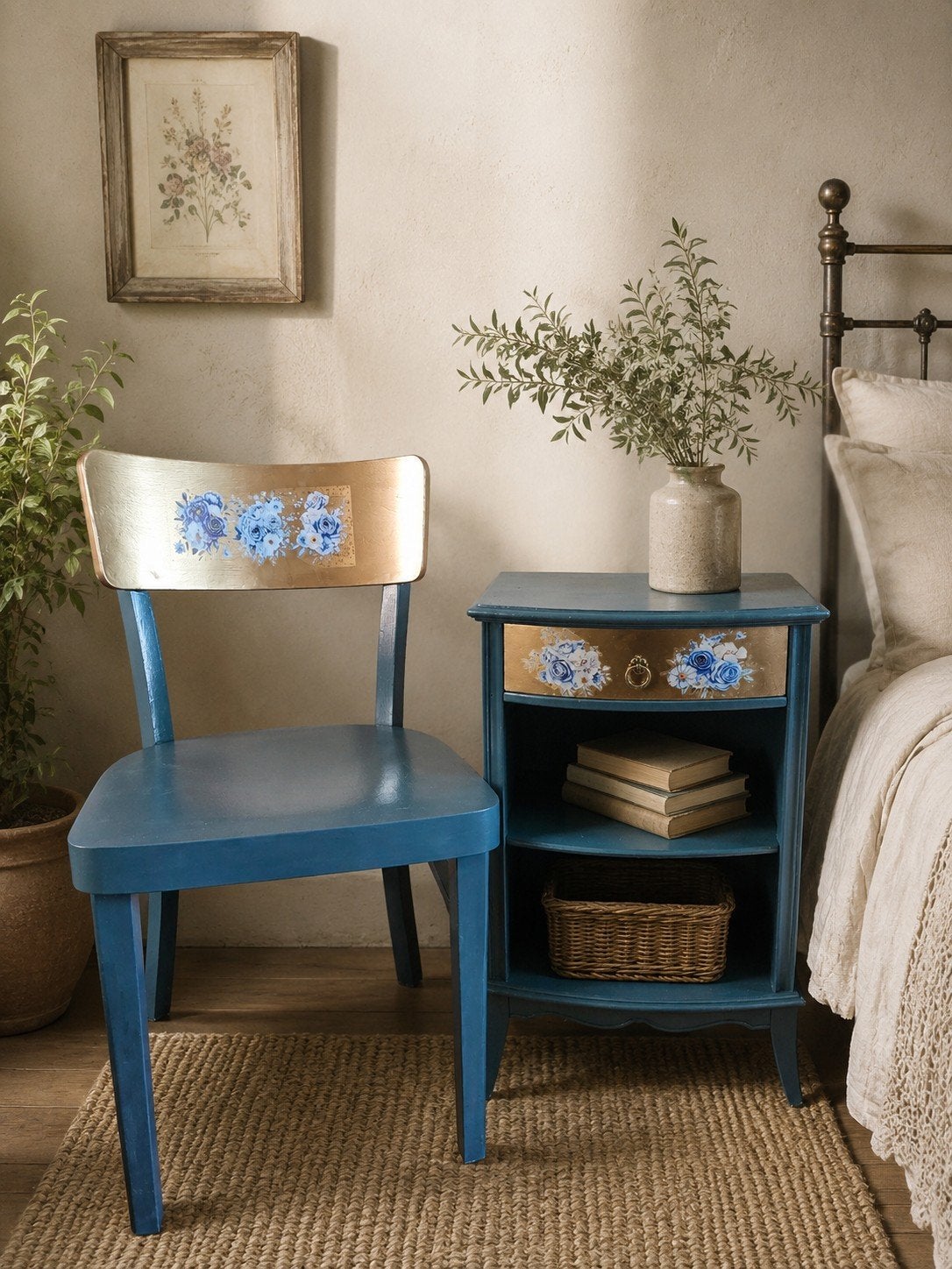 Set vintage stoel en kastje antiek blauw, Huis en Inrichting, Slaapkamer | Nachtkastjes, Ophalen, Gebruikt, Minder dan 45 cm, Minder dan 55 cm