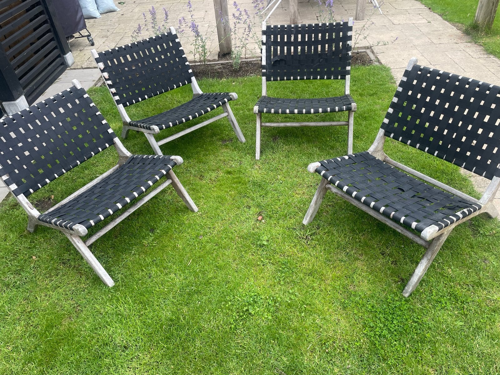 Set van 4 tuinstoelen met webbing zitting en rugleuning, Ophalen, Gebruikt