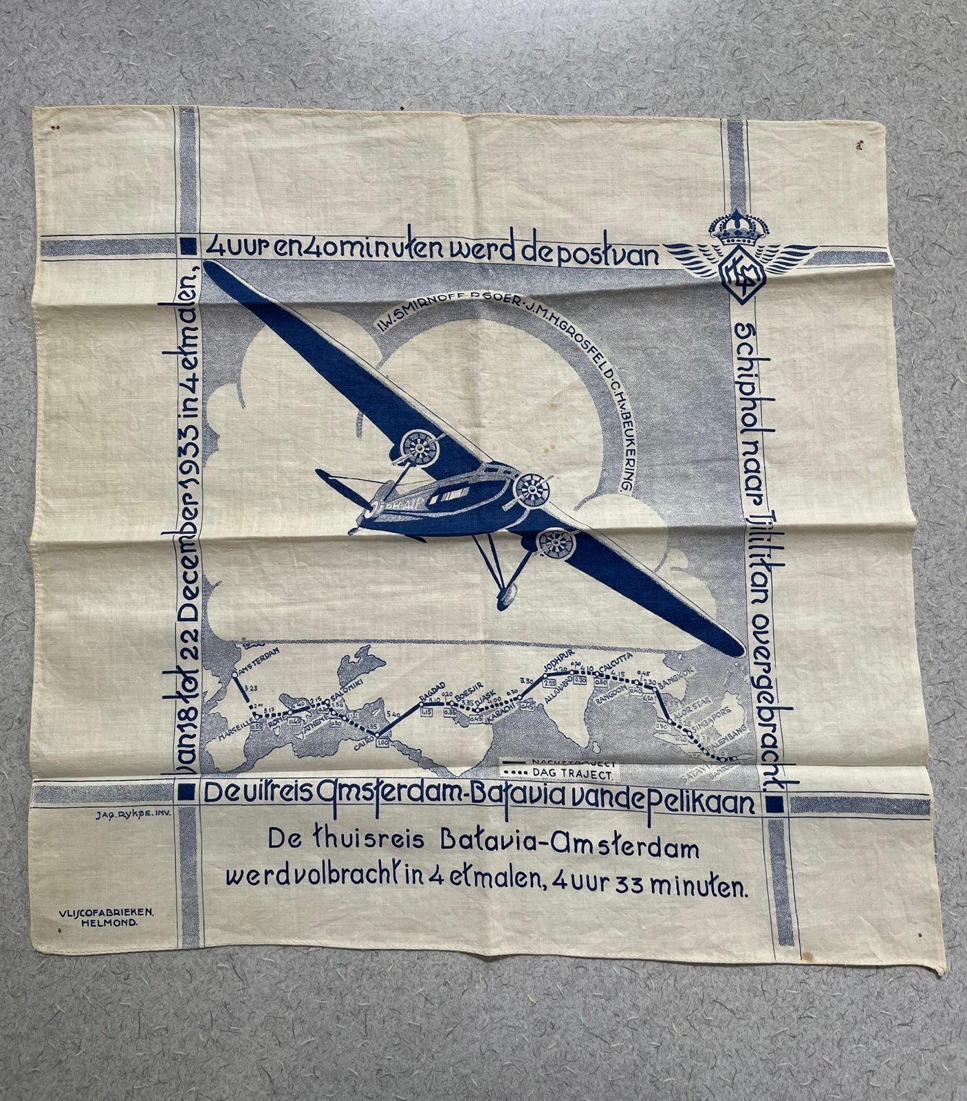 ~.~ Herdenkingsdoek KLM vlucht Pelikaan 1933 ~.~, Ophalen of Verzenden, Gebruikt, Overige typen