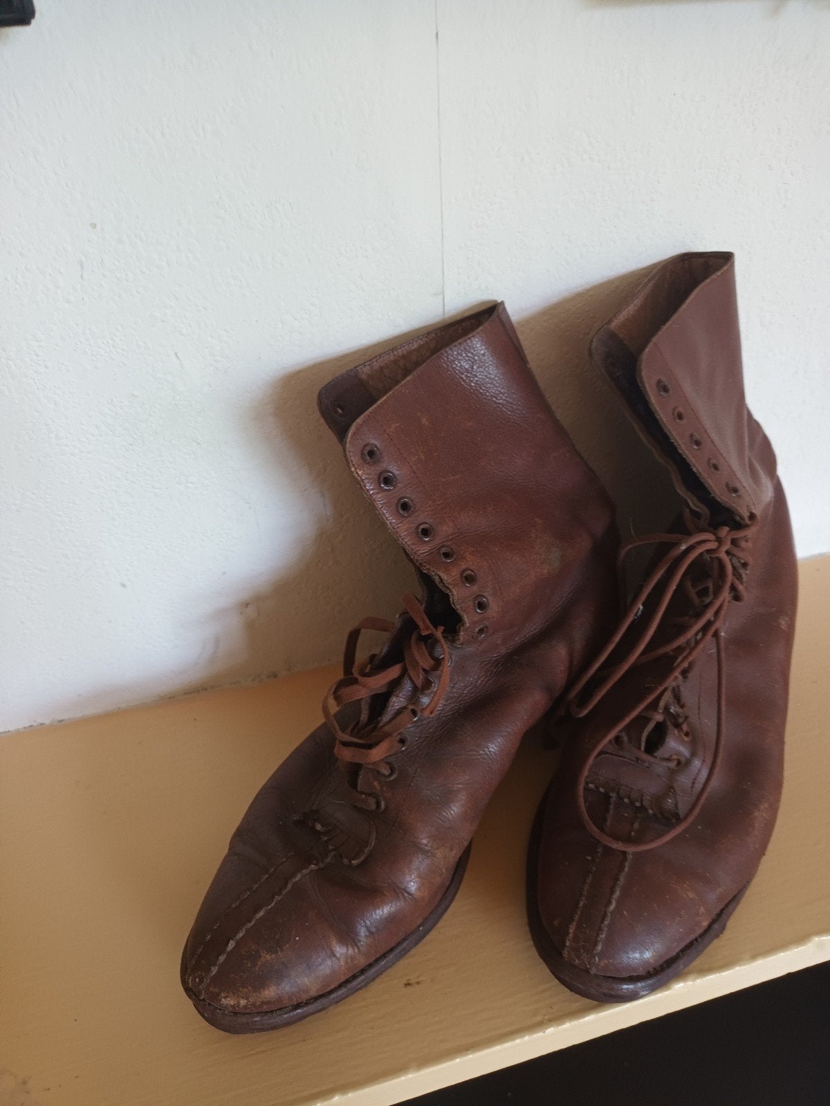 antieke, bruin leren veterlaarzen, Ophalen of Verzenden, Dames
