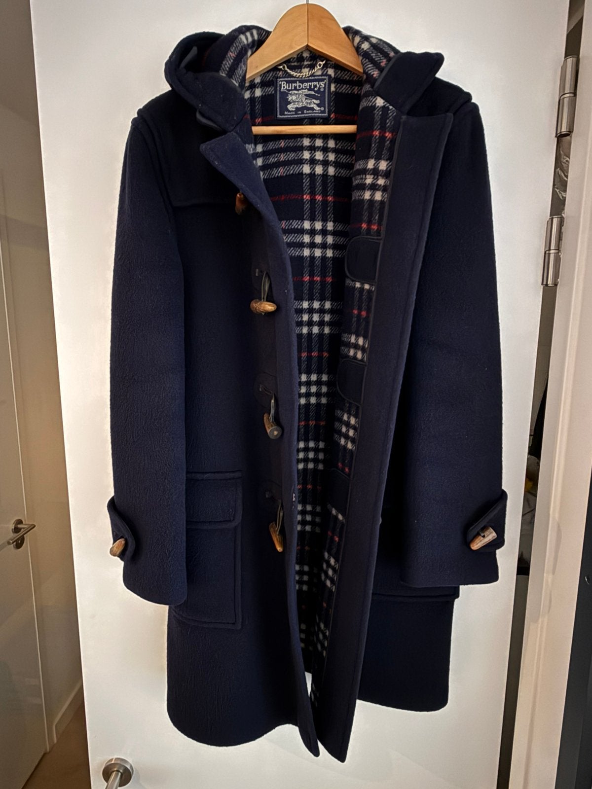VINTAGE BURBERRY DUFFLE COAT wol M / 48/50, Ophalen of Verzenden, Zo goed als nieuw, Maat 48/50 (M), Blauw
