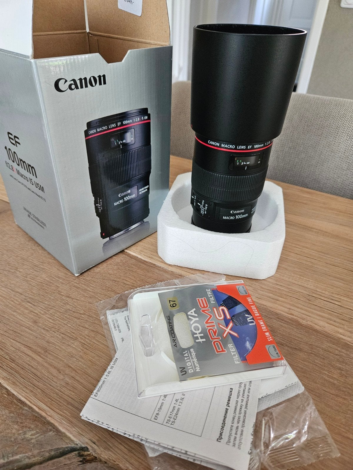 Canon Macro lens EF 100mm 1:2.8 L IS USM met Hoya filter, Ophalen of Verzenden, Zo goed als nieuw, Macrolens