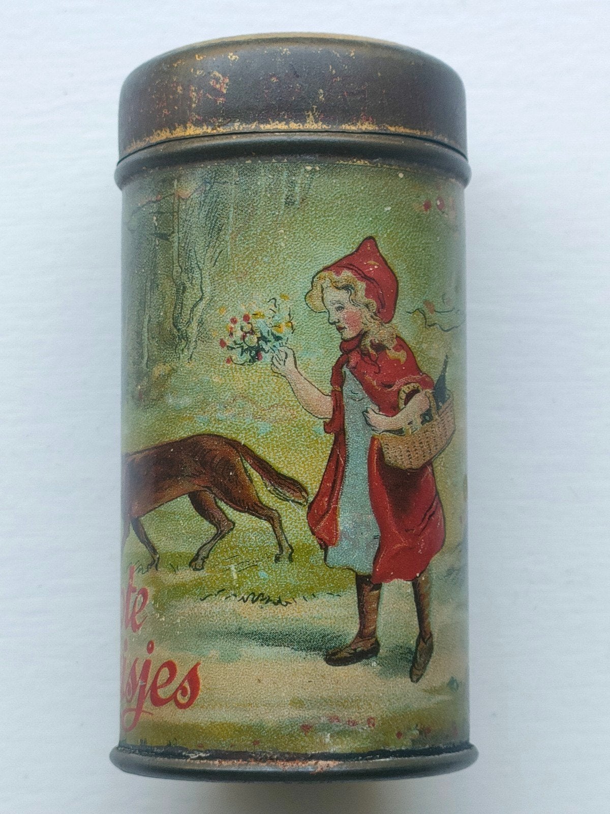 Gestampte Muisjes Roodkapje en de Boze Wolf blikje, Verzamelen, Blikken, Ophalen of Verzenden, Gebruikt, Overige