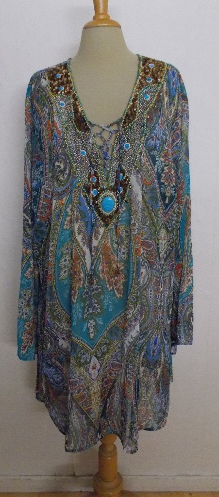 Mooie bewerkte print tuniek/jurk van Open End! XL, Verzenden, Zo goed als nieuw, Maat 46/48 (XL) of groter, Meerkleurig