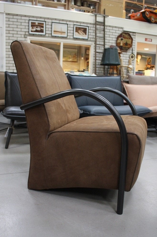 2 x luxe fauteuil BARI Jess design metaal echt leer bruin, Ophalen, Zo goed als nieuw, Leer, 50 tot 75 cm