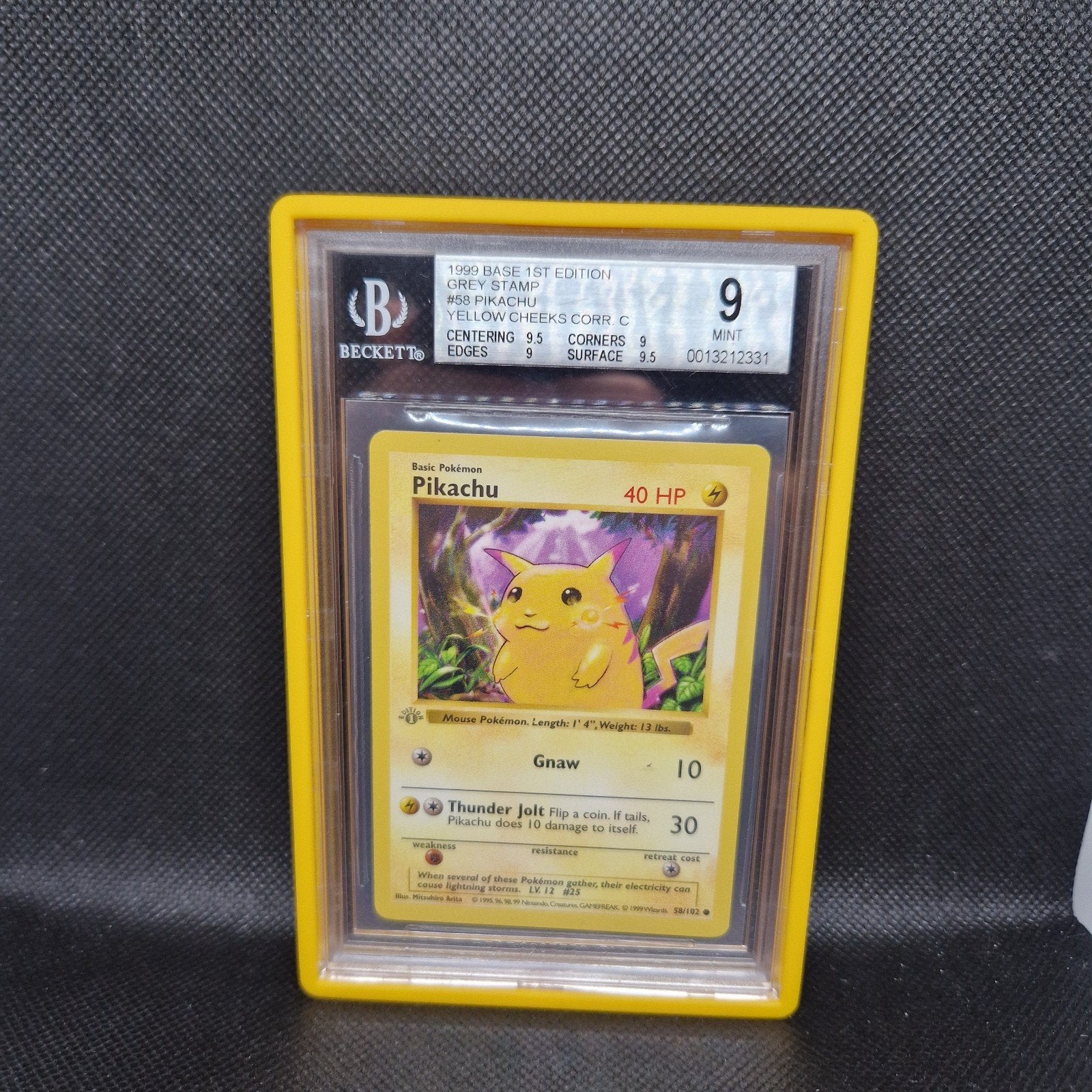 Pikachu Yellow Cheeks Grey Stamp Base 1st Edition, Ophalen of Verzenden, Zo goed als nieuw