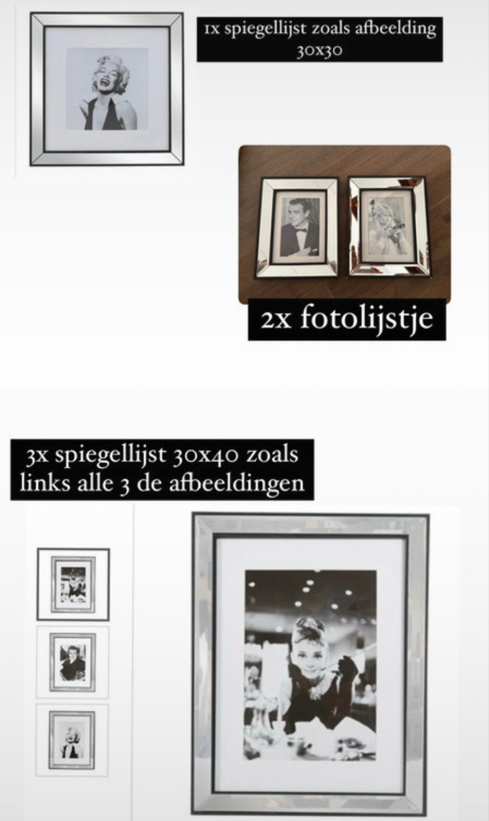 Set van 6 Spiegellijsten: 1x 30x30, 3x 30x40 en 2x fotolijst, Ophalen, Gebruikt, Glas, Zilver