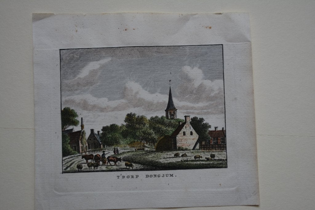 DONGJUM HET DORP FRIESLAND KOPERGRAVURE J. BULTHUIS 1790 E56, Verzenden, Stadsgezicht, Handgekleurd, Gravure