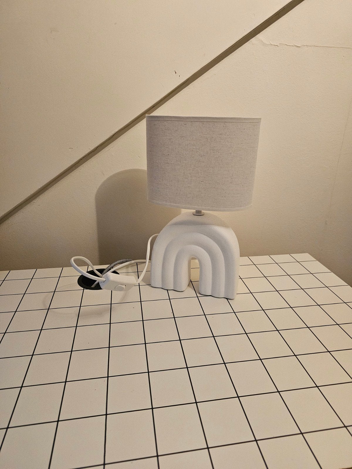 Tafel / sfeer lamp met aardewerk voet en stoffen kap - z.g.a, Ophalen, Met kap, Kunststof, Zo goed als nieuw