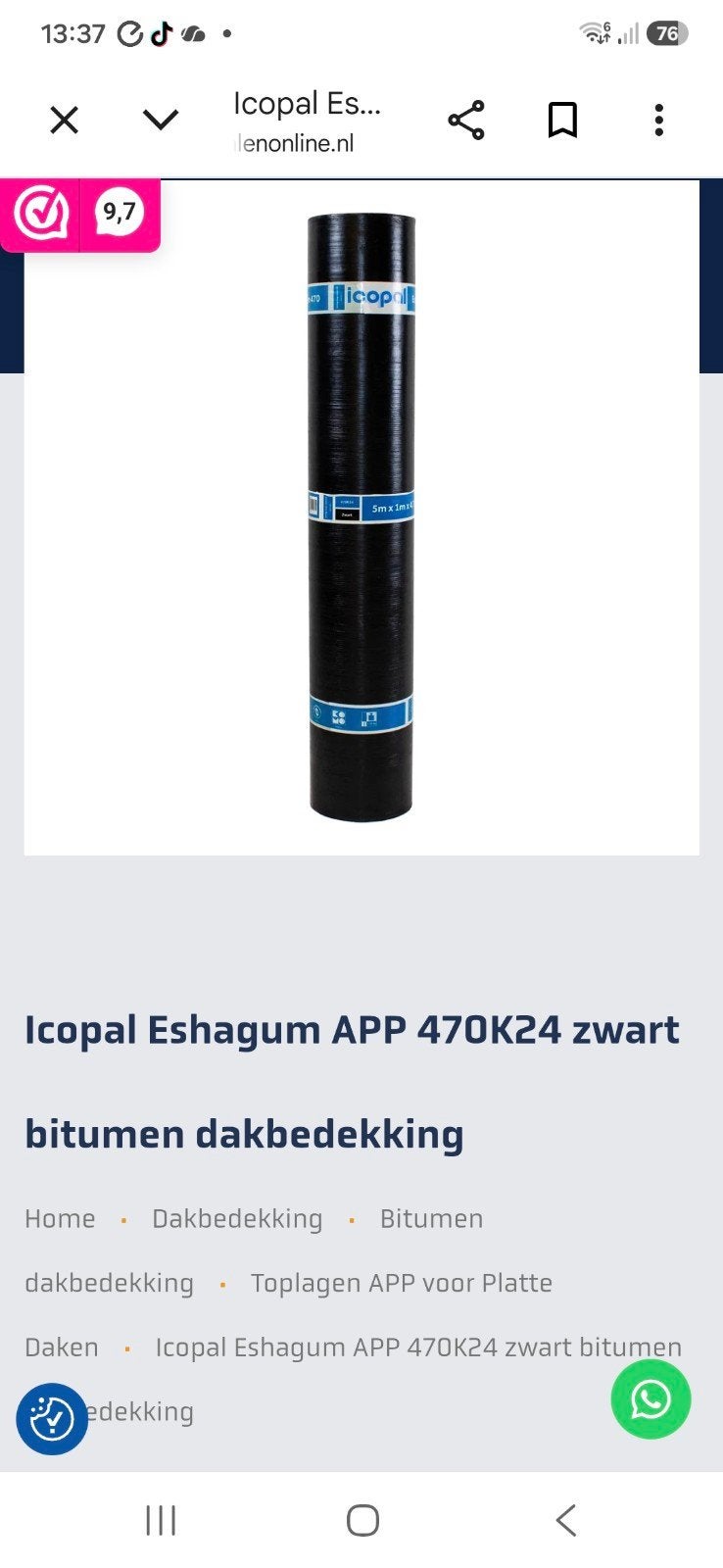2 stuks Icopal Eshagum APP 470K24 zwart bitumen dakbedekking, Ophalen, Overige materialen, Zwart, Nieuw
