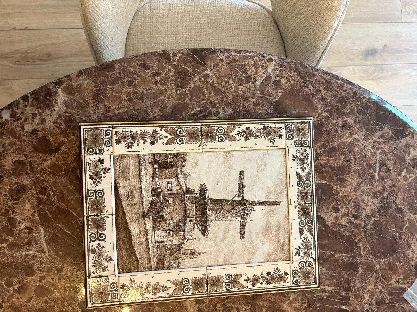 J.Th. Dessens tegeltableau – Delfts bruin/sepia – molen, Antiek en Kunst, Ophalen