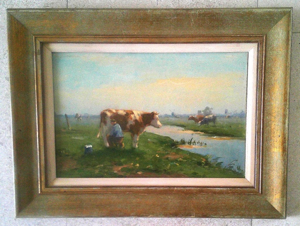Boer melkt koe - voor 1900 ? -  Xavier de Cock 1818-1896 ?, Antiek en Kunst, Ophalen of Verzenden