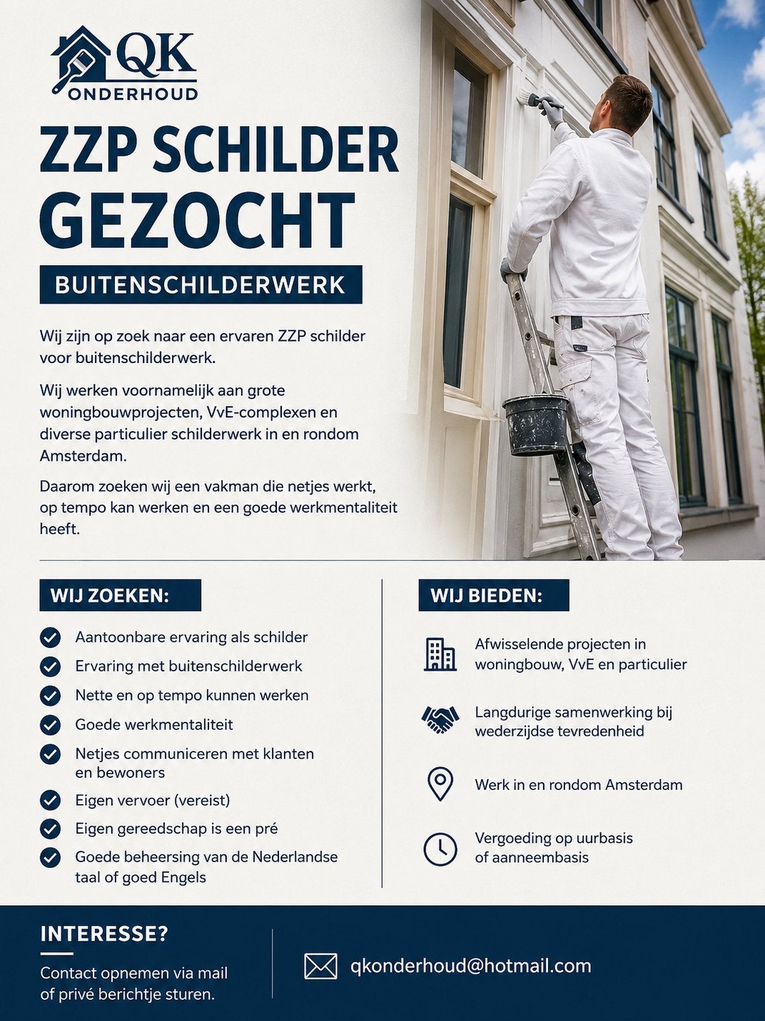 ZZP Schilders Gezocht | Regio Amsterdam, Vacatures, 33 - 40 uur, Overige niveaus, Vanaf 1 jaar, Freelance of Uitzendbasis