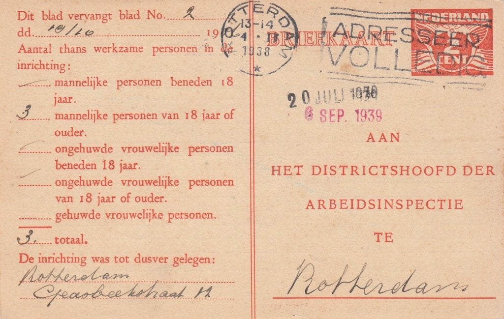 Arbeidslijst Geuzendam 17 kaart locaal gebruikt R'dam 1938, Ophalen of Verzenden, Briefkaart