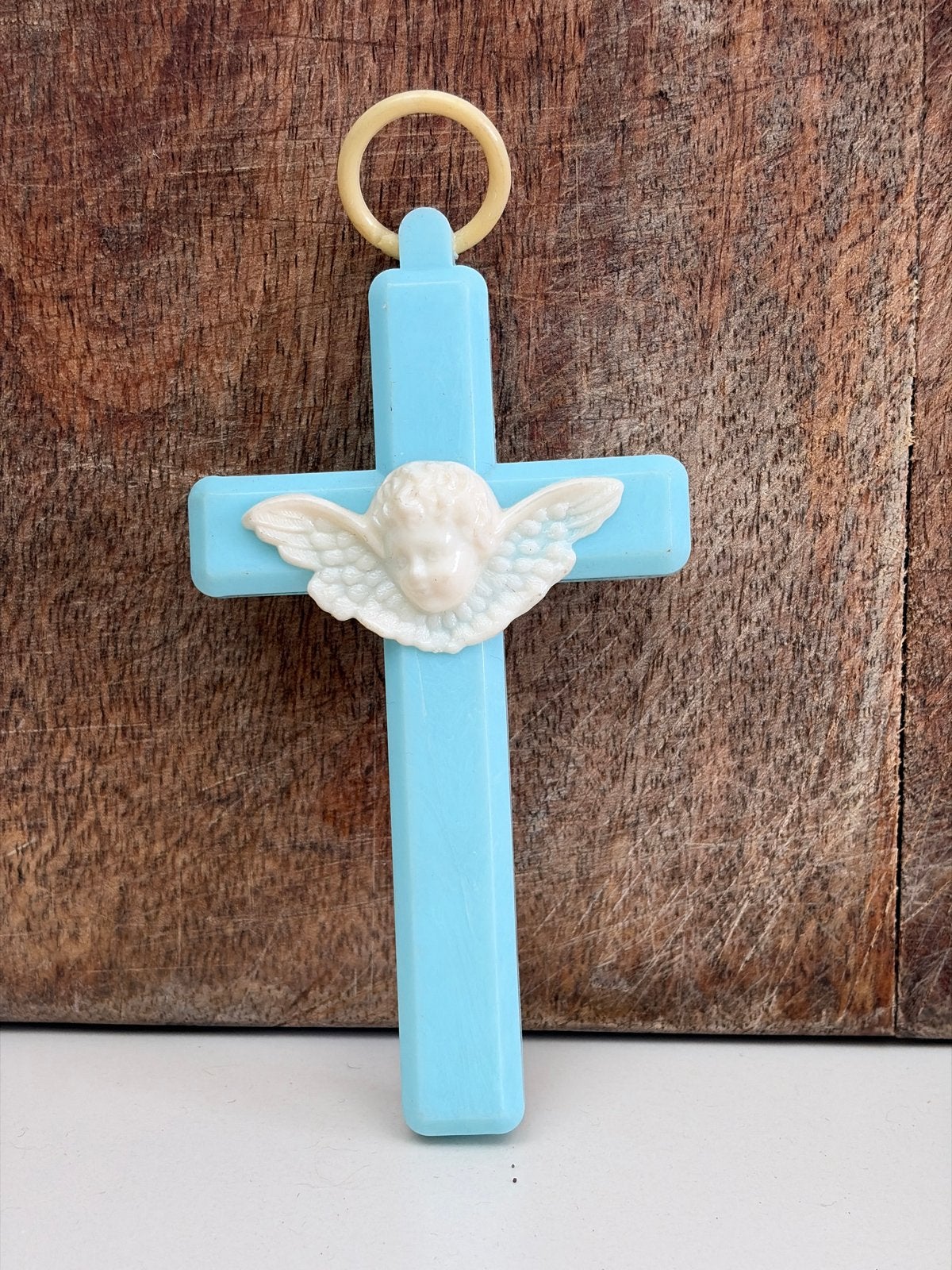 Vintage blauw kruisje met cherubijn - religieus decor, Antiek en Kunst, Ophalen of Verzenden
