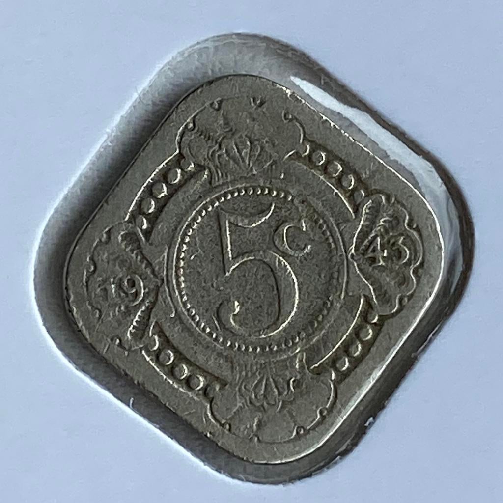 5 Cent / Vierkante Stuiver uit 1943 van Wilhelmina, Postzegels en Munten, Munten | Nederland, Verzenden, Koningin Wilhelmina, 5 cent