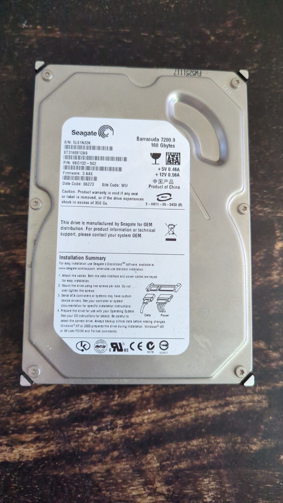 Hardeschijf 160 GB SATA HDD, Computers en Software, Ophalen, Intern, Gebruikt, Server