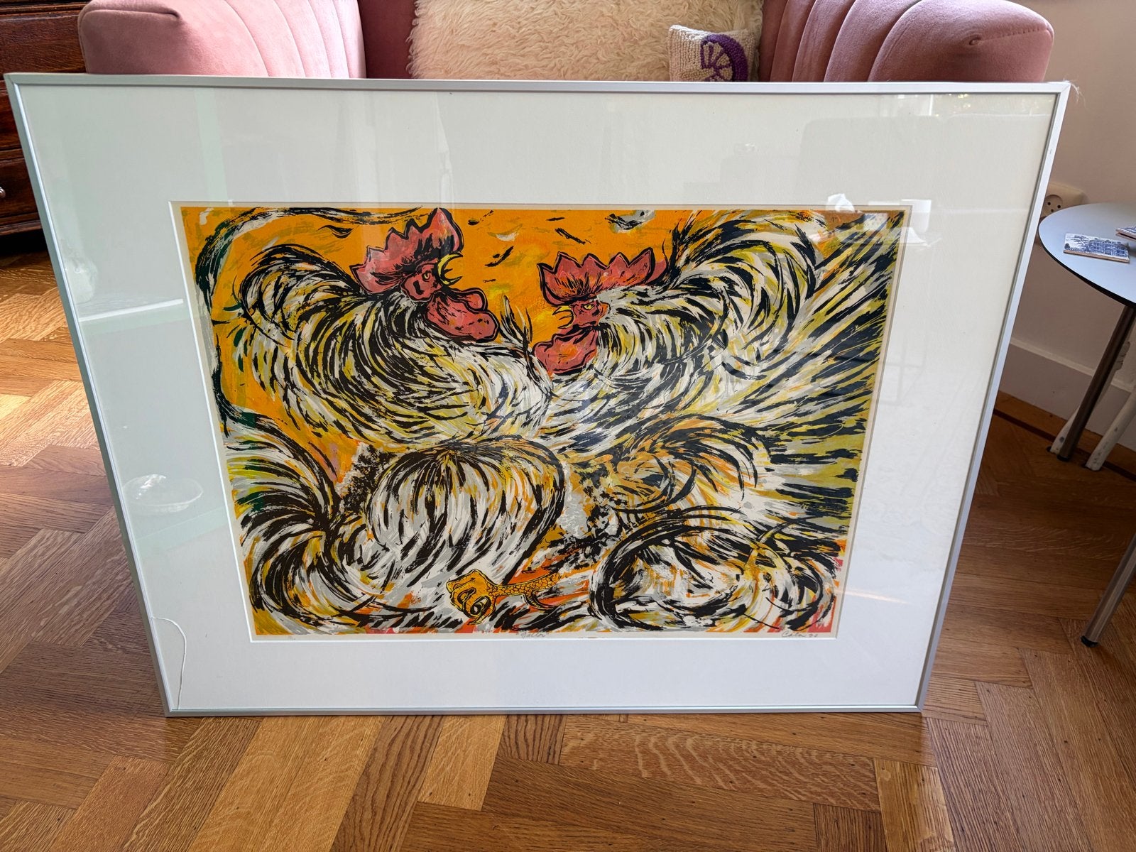 Large vibrant litho by Cuban artist, Ophalen, Papier/karton, Achter glas, Dieren