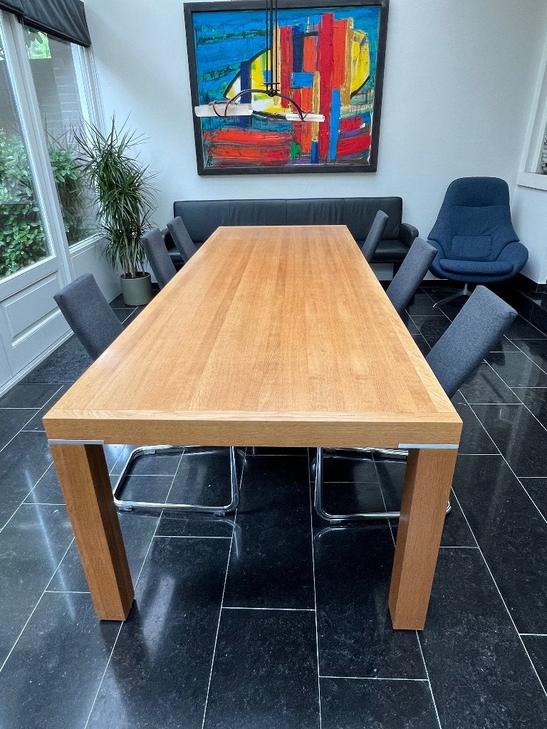 Eettafel – massief eiken & aluminium - Into Line Design, Ophalen, Gebruikt, Eikenhout, 200 cm of meer