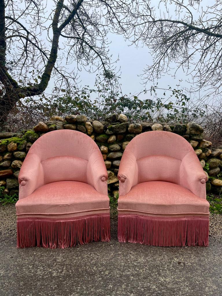 Set van 2 roze velours fauteuils, Huis en Inrichting, Fauteuils, Ophalen of Verzenden, Zo goed als nieuw, Minder dan 75 cm, 50 tot 75 cm