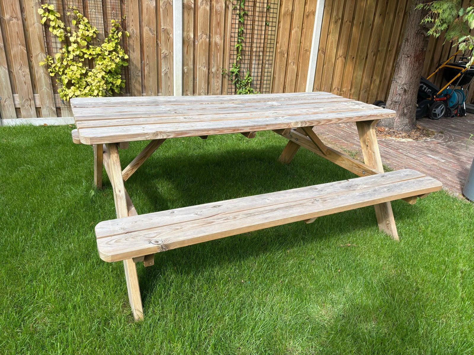 Picknickbank 'De Luxe' van massief grenen (70x180cm), Ophalen of Verzenden, Zo goed als nieuw, Rechthoekig, Hout