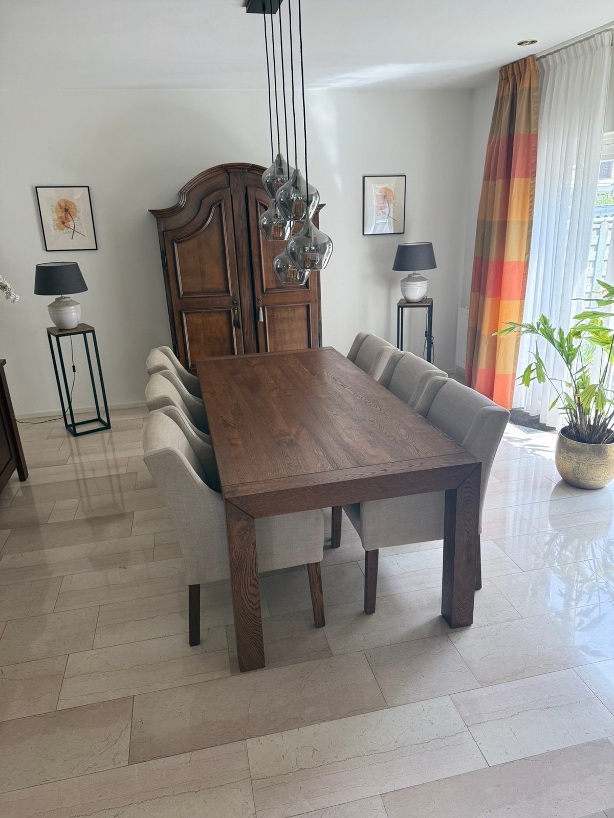 Eikenhouten eettafel met stoelen, Ophalen, Gebruikt, 100 tot 150 cm, Eikenhout