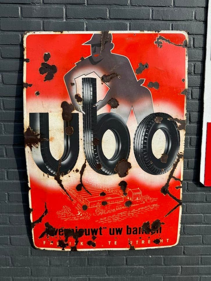 Vintage UBO Banden Reclamebord - Fabriek Utrecht, Ophalen, Reclamebord, Gebruikt, .