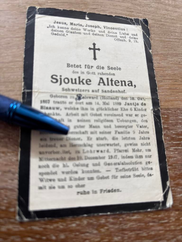 Altena Sjouke 1857 Bolsward 1927 Lohrward X de Blaauw, Ophalen of Verzenden, Bidprentje