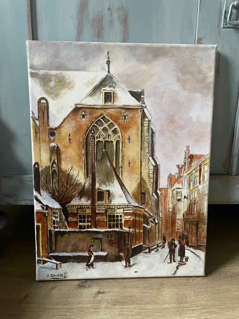 Prachtig schilderij Winter Scene Amsterdan J Damis D, Antiek en Kunst, Ophalen of Verzenden