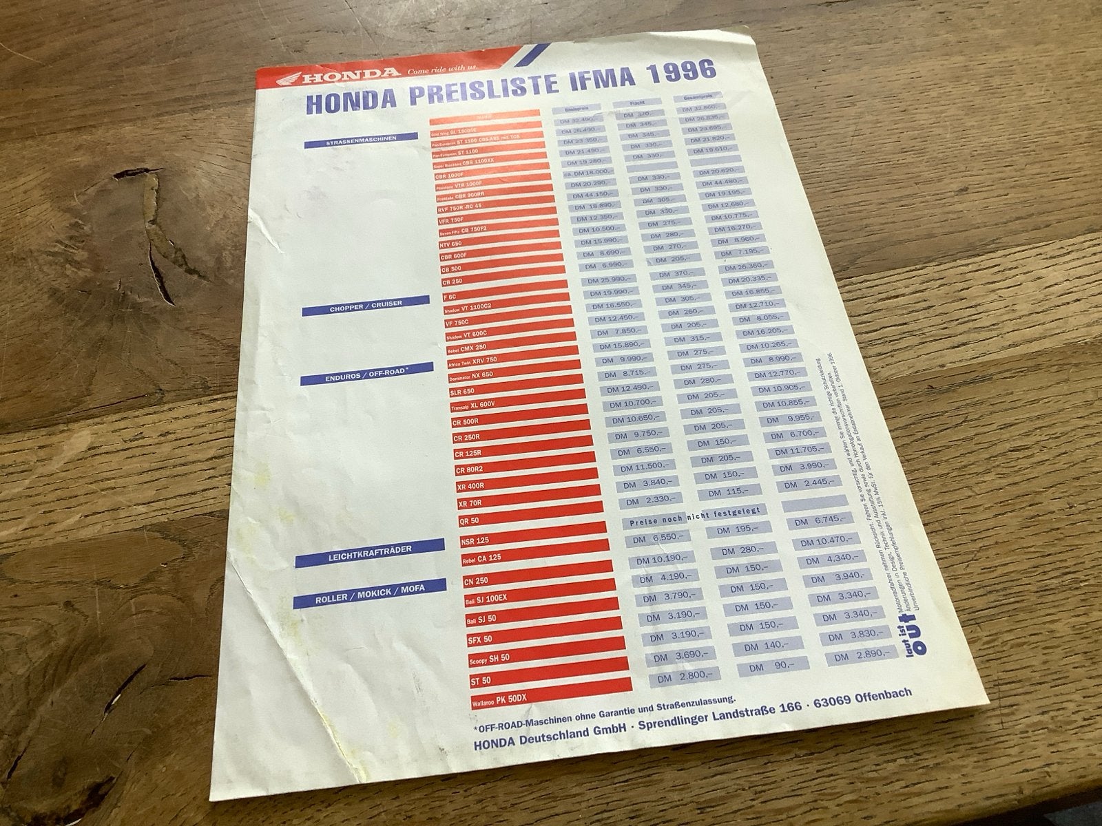 Honda Prijslijst IFMA 1996 - Origineel Document., Verzenden