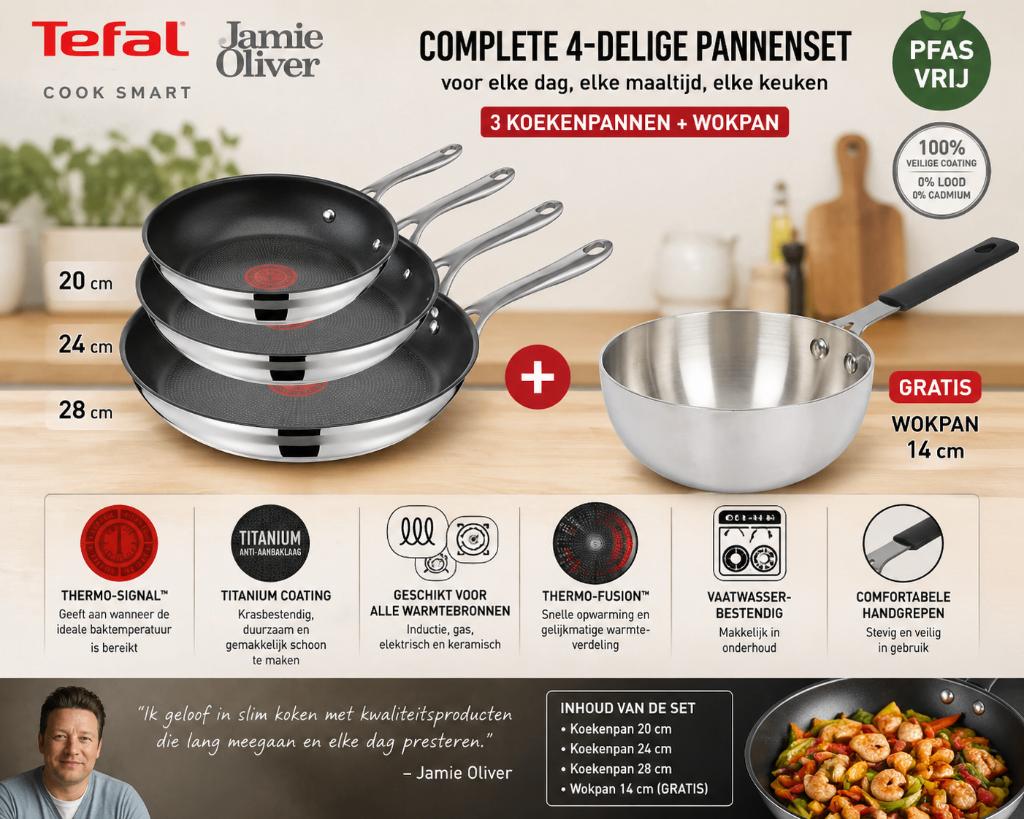Jamie Oliver byTefal-  20/24/28cm+wokpan14cm- PFAS-vrij, Huis en Inrichting, Porselein of Keramiek, Schaal, Nieuw, Ophalen of Verzenden