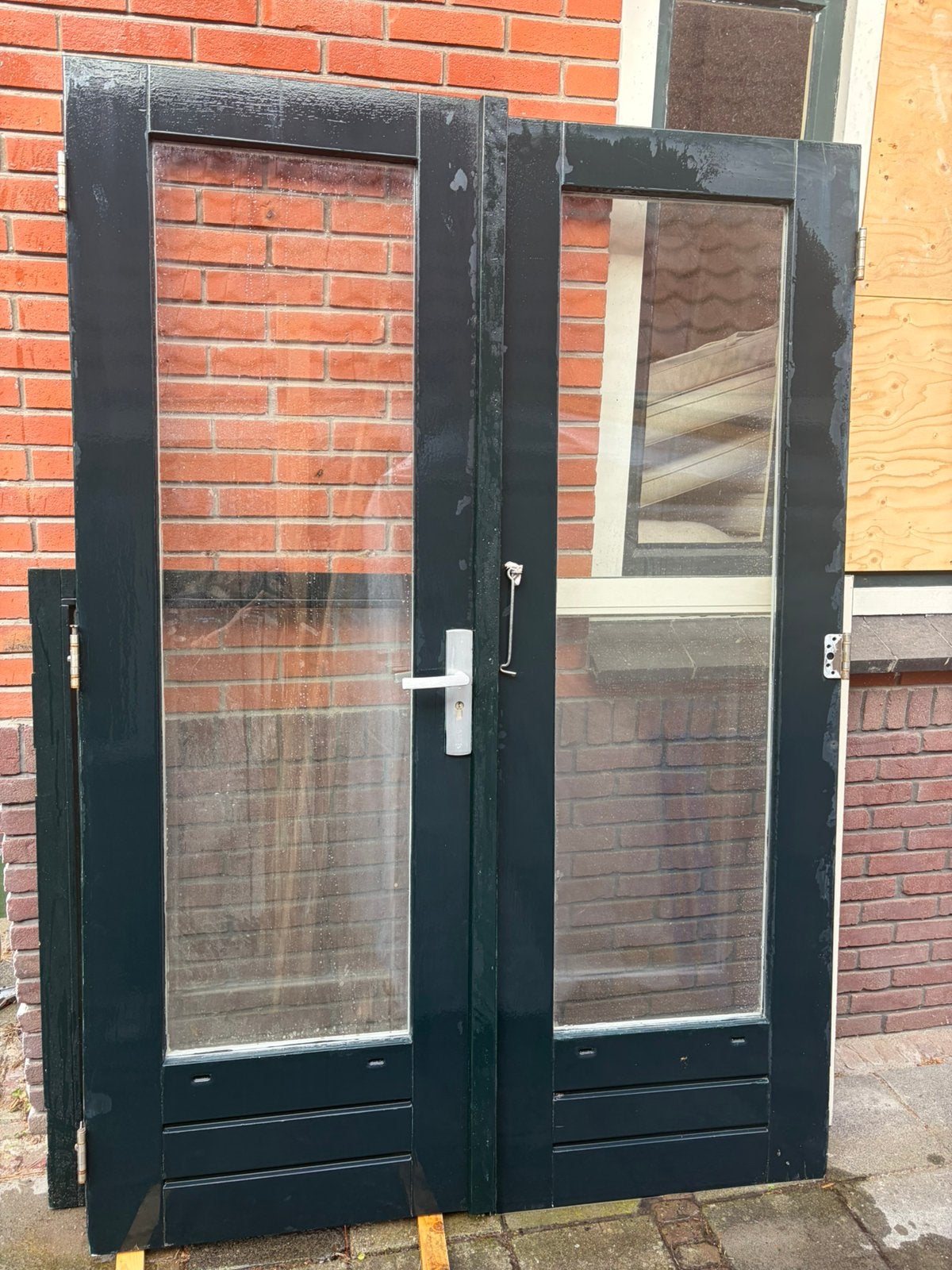 Hardhouten dubbele deuren, Gebruikt, Deurkozijn, 150 tot 225 cm, Inclusief glas