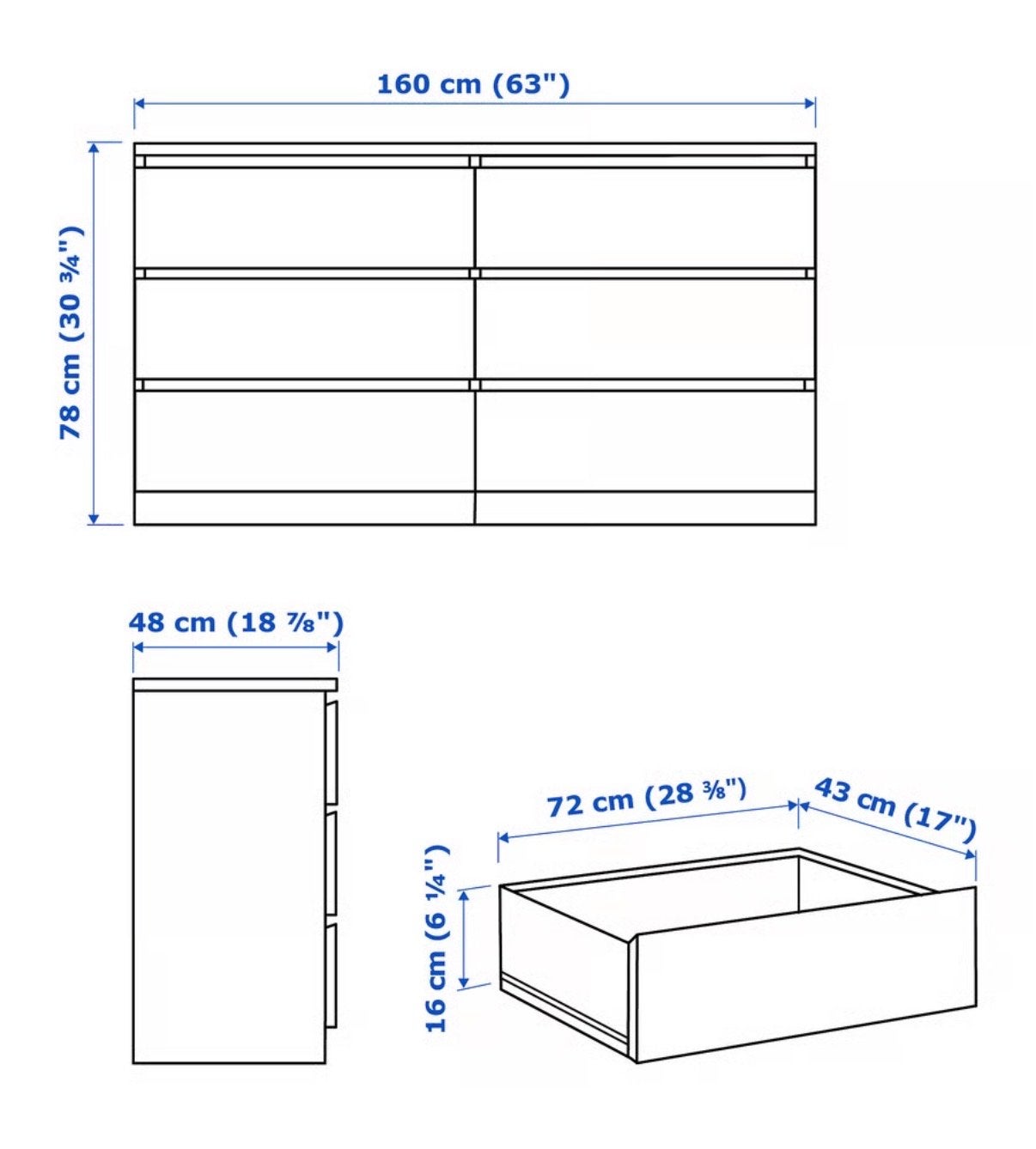 Ikea Malm ladekast, 6 lades, wit, 160x78cm (NIEUW in doos), Huis en Inrichting, Kasten | Ladekasten, Ophalen, 5 laden of meer
