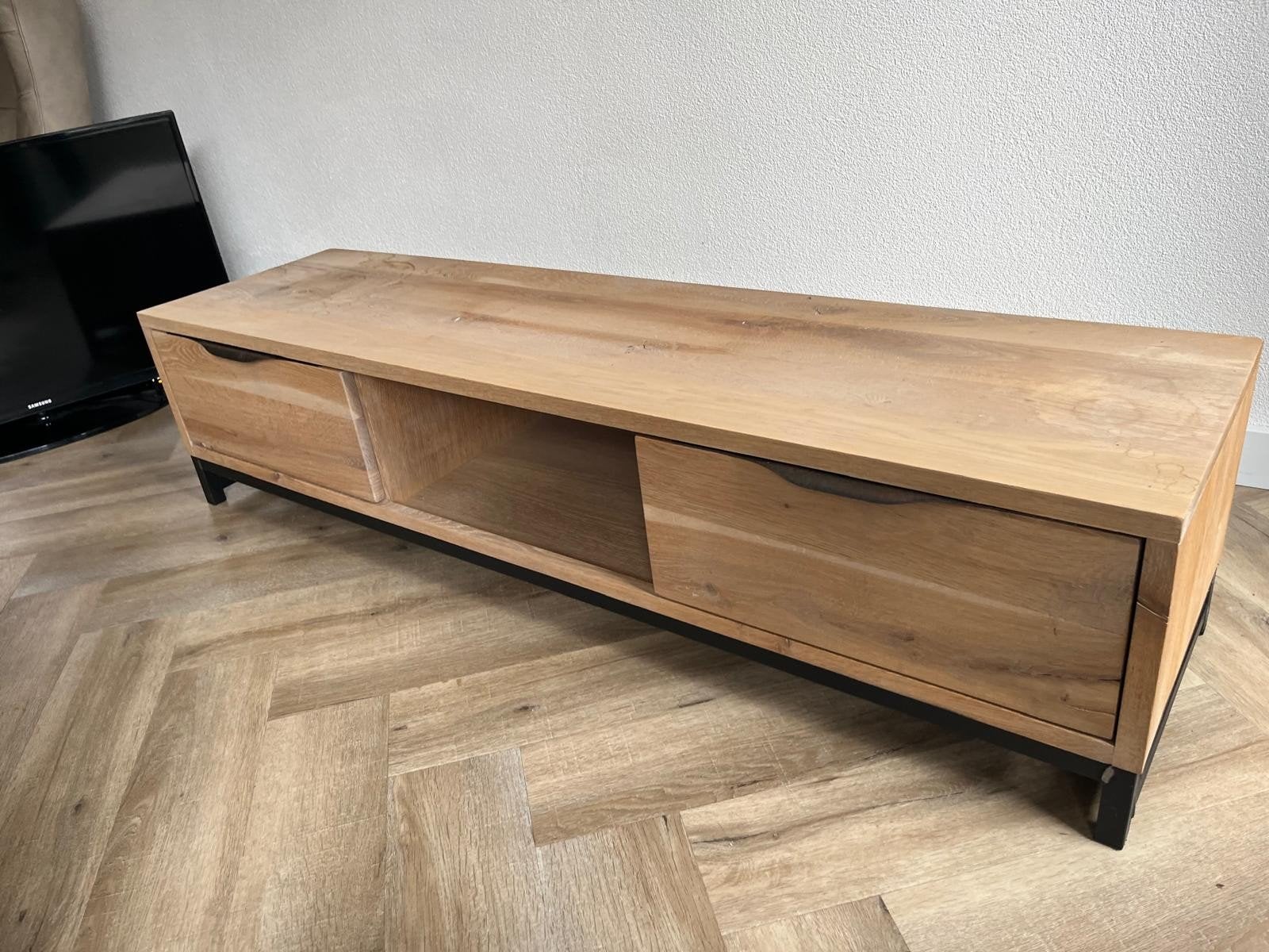 Massief eiken TV meubel, Ophalen, Gebruikt, 25 tot 50 cm, Minder dan 100 cm
