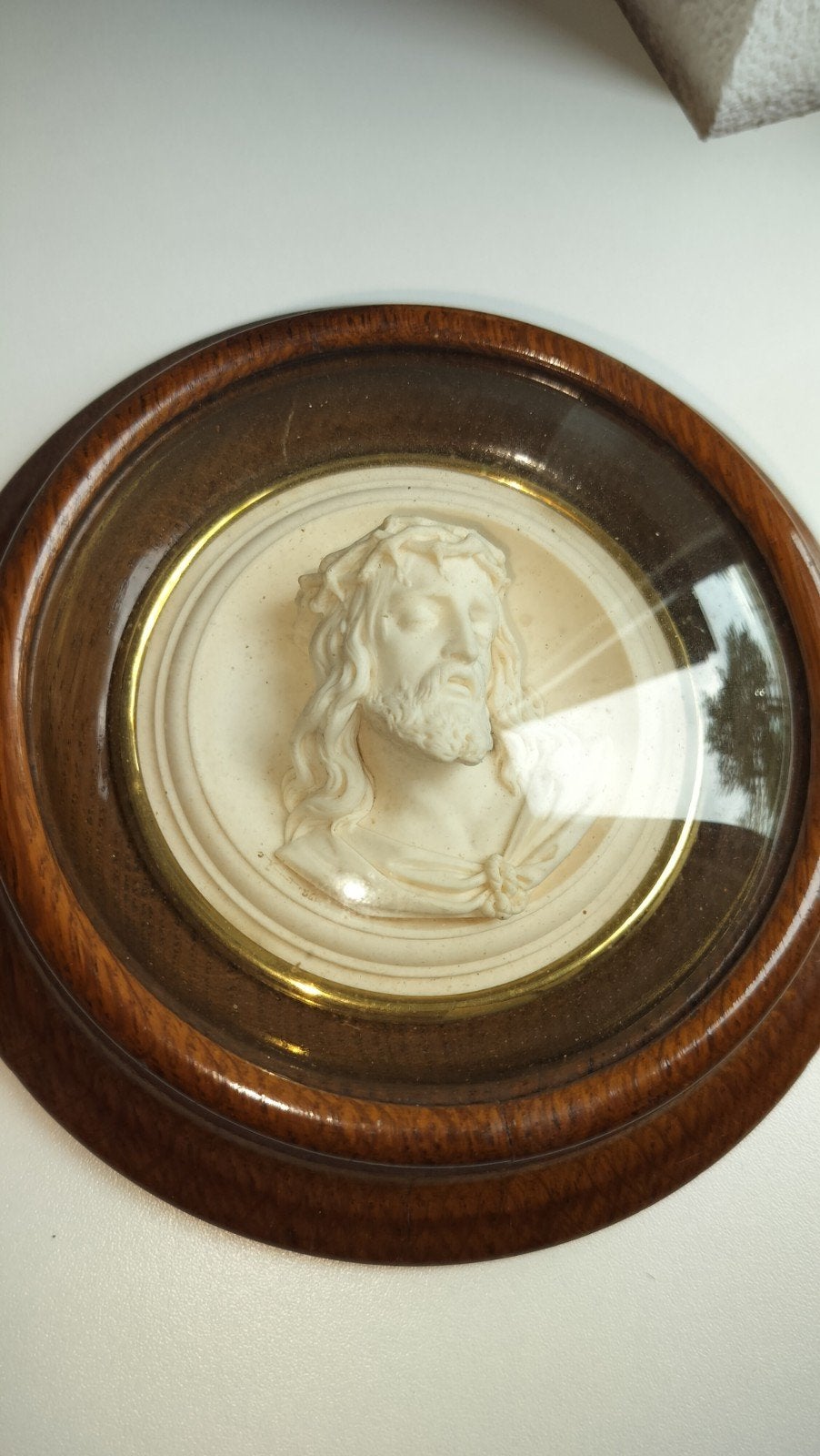 Hoofd van Jezus in lijstje met bol glas, 16 cm, Antiek en Kunst, Verzenden