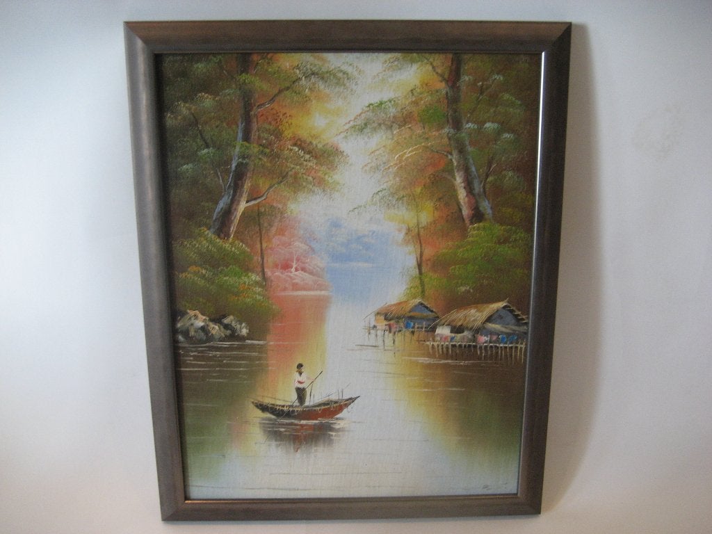 Indonesisch Schilderij met visser en huisjes op water 0908, Ophalen, Schilderij, Natuurlijk materiaal, Indonesië