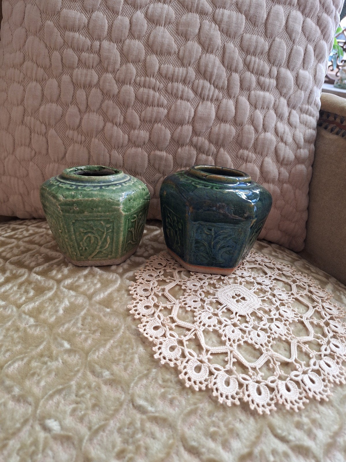 2 Brocante Groene Gember Potten ** Mimosa **, Antiek en Kunst, Ophalen of Verzenden