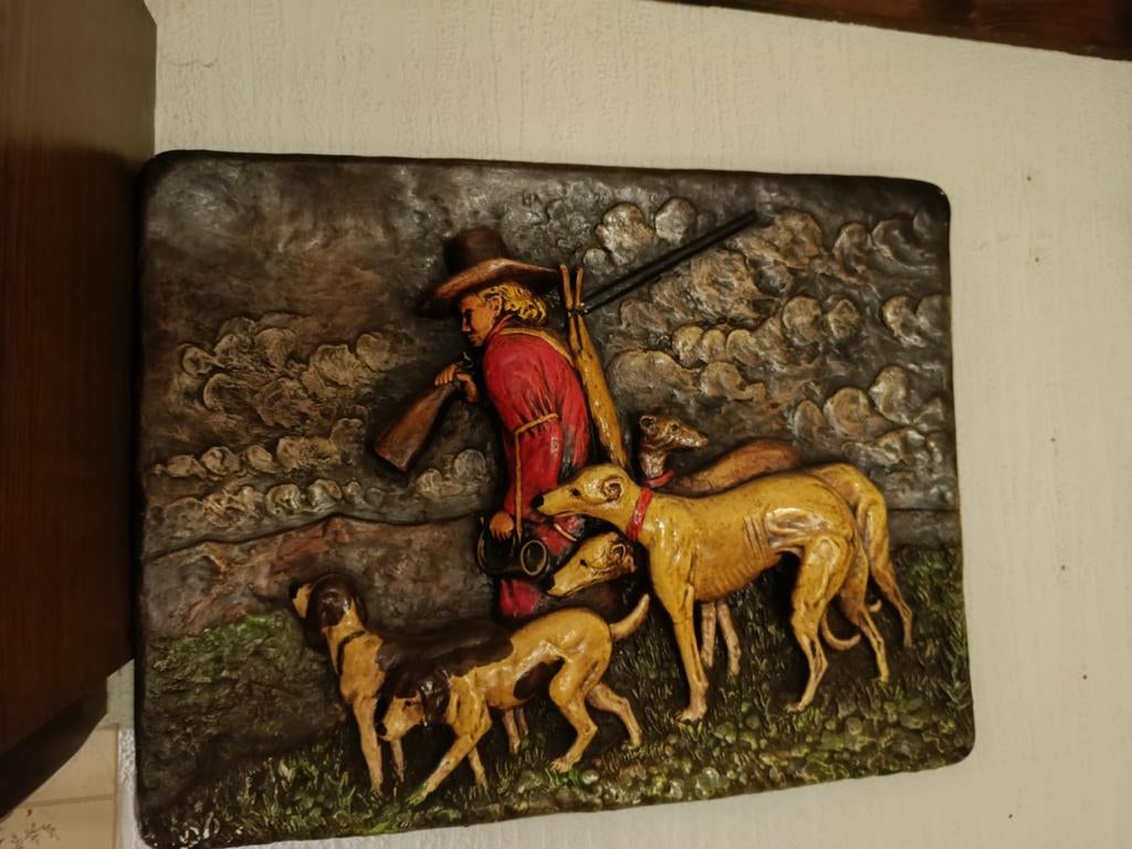 Jager met honden reliëf wanddecoratie kunsthandel Darko, Handgemaakt, Wanddecoratie, Scène, Composieten