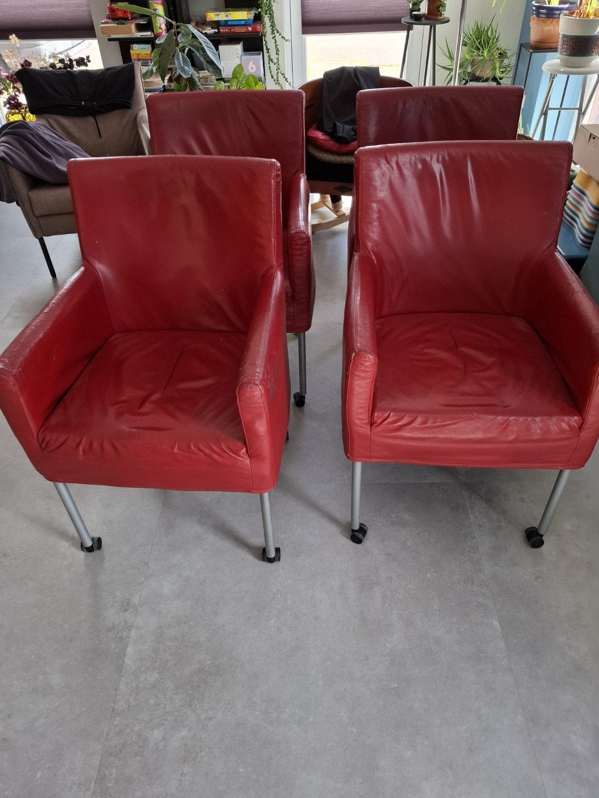 Rode leren stoelen - 4 - gratis ophalen, Huis en Inrichting, Ophalen, Gebruikt, Rood, Eén