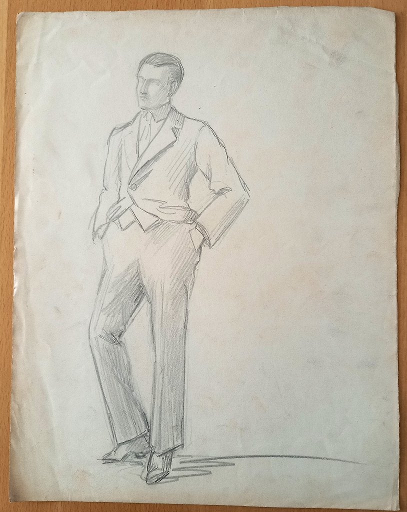 A493-34 Oude tekening Man in pak met handen in zak, Antiek en Kunst, Ophalen of Verzenden